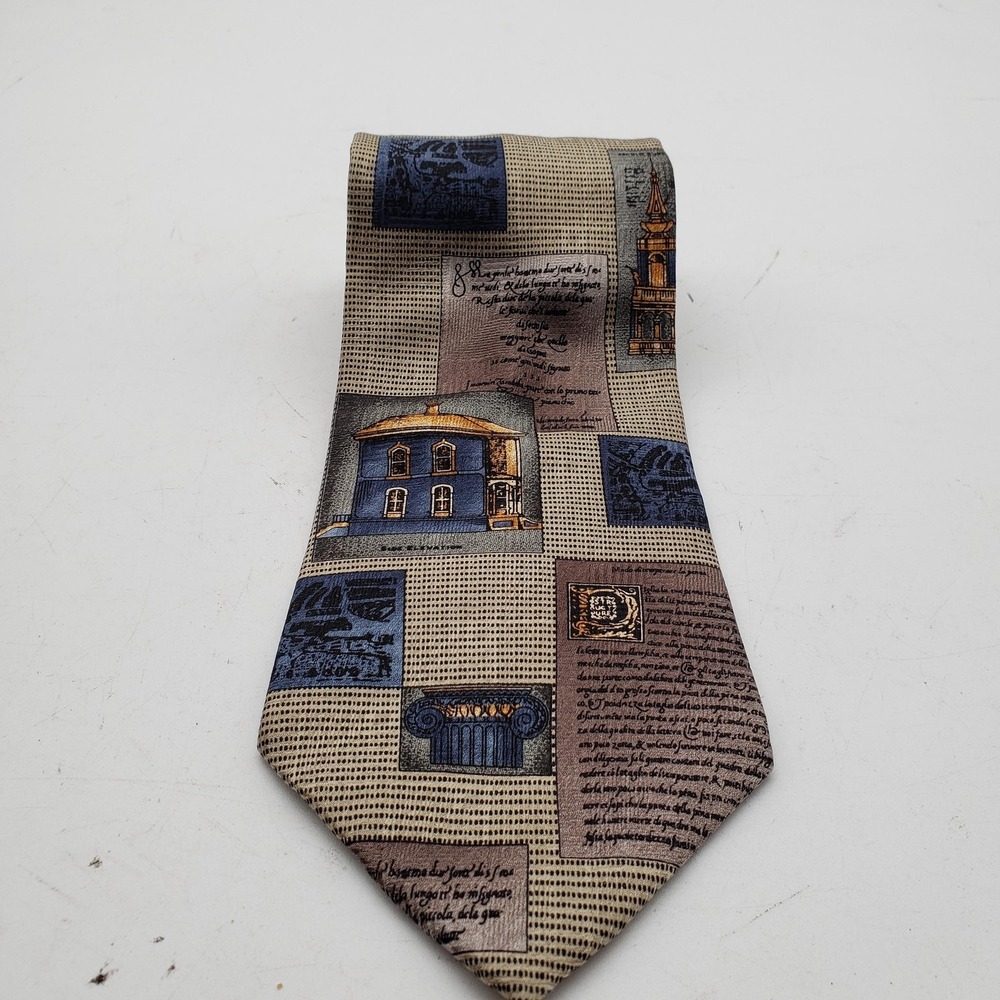 Structure Tie Mens One Size Beige Architecture Geometric 100% Silk USA